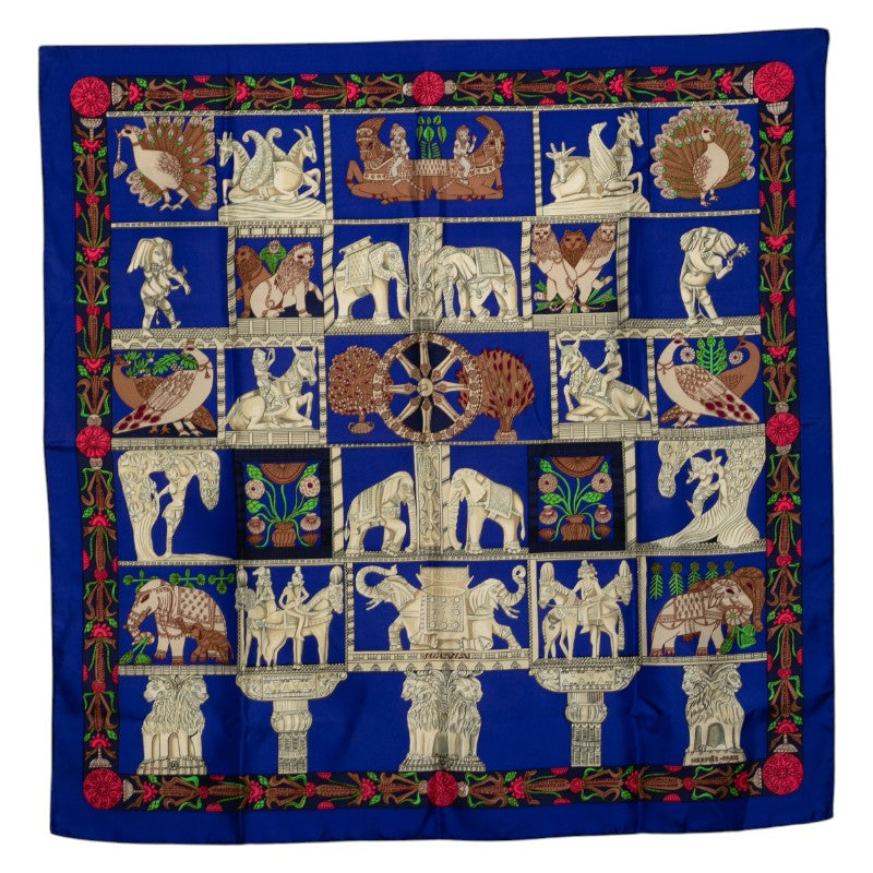 エルメス カレ90 TORANA 塔門 スカーフ ブルー マルチカラー シルク レディース HERMES 【中古】