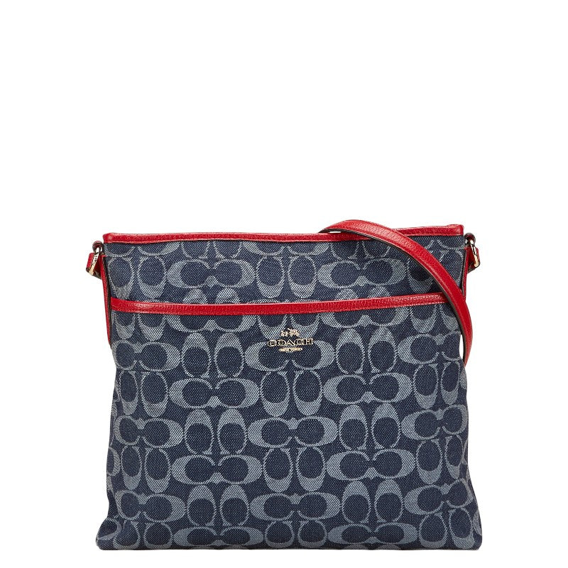コーチ シグネチャー ショルダーバッグ ブルー レッド デニム レザー レディース COACH 【中古】