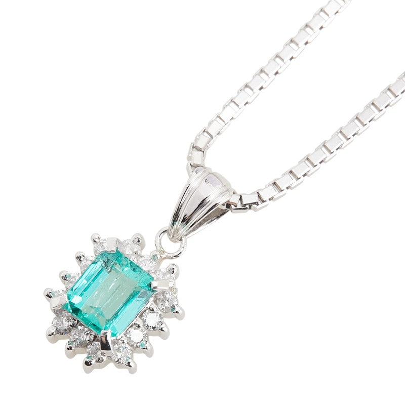 Pt900 プラチナ Pt850 プラチナ エメラルド0.52ct ダイヤ0.17ct ベネチアンチェーン ペンダントネックレス レディース 【中古】