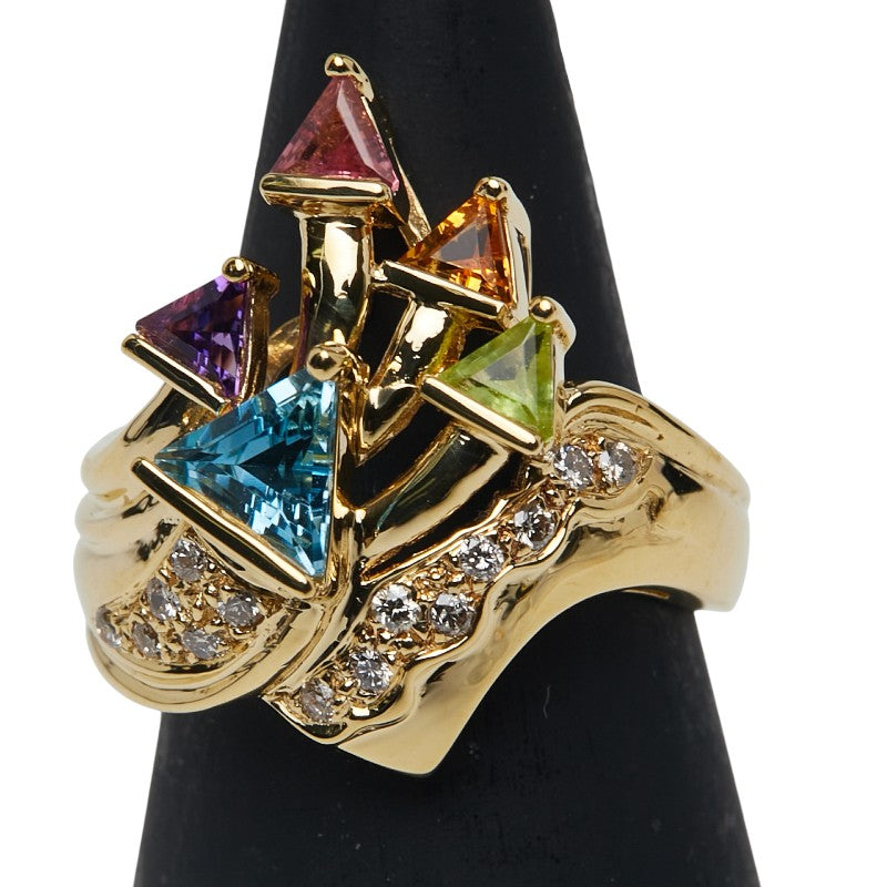 K18YG イエローゴールド 色石 ダイヤ0.18ct リング 指輪 レディース 9.5号 【中古】