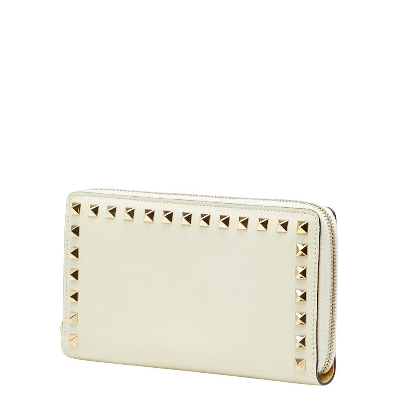 ヴァレンティノ ロックスタッズ ラウンドファスナー 長財布 ホワイト レザー レディース VALENTINO 【中古】