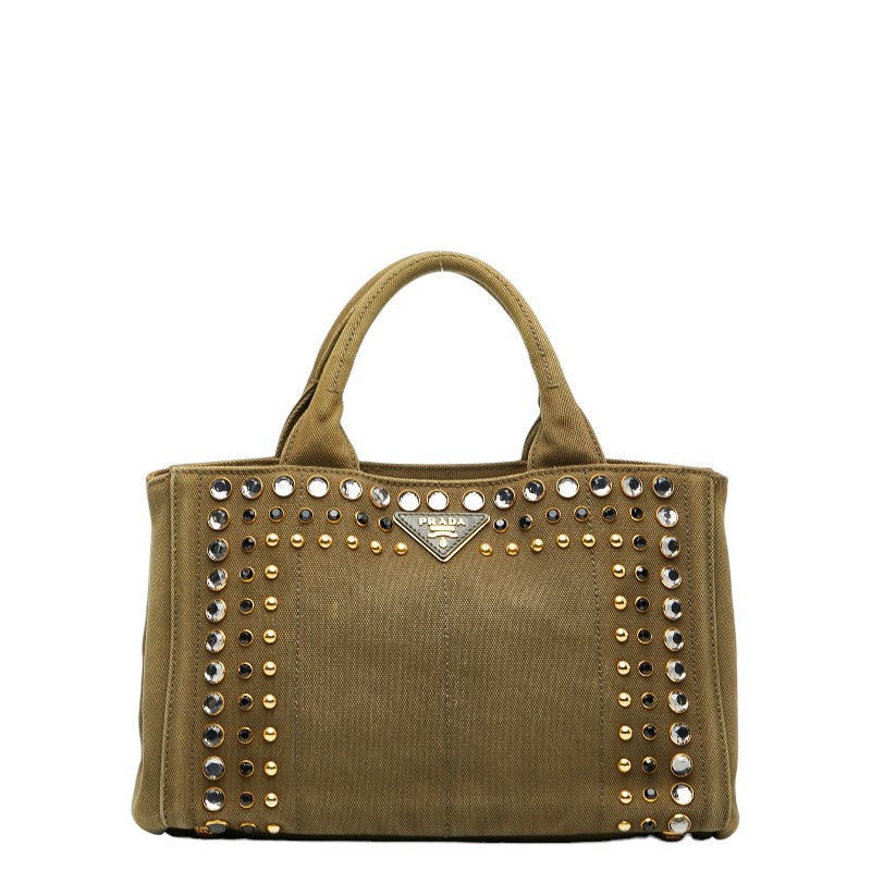 プラダ 三角ロゴプレート カナパ ビジュー スタッズ ハンドバッグ カーキグリーン キャンバス レディース PRADA 【中古】