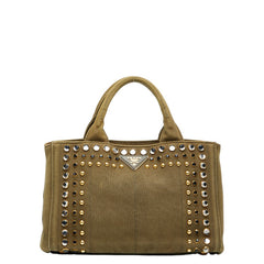 プラダ 三角ロゴプレート カナパ ビジュー スタッズ ハンドバッグ カーキグリーン キャンバス レディース PRADA 【中古】