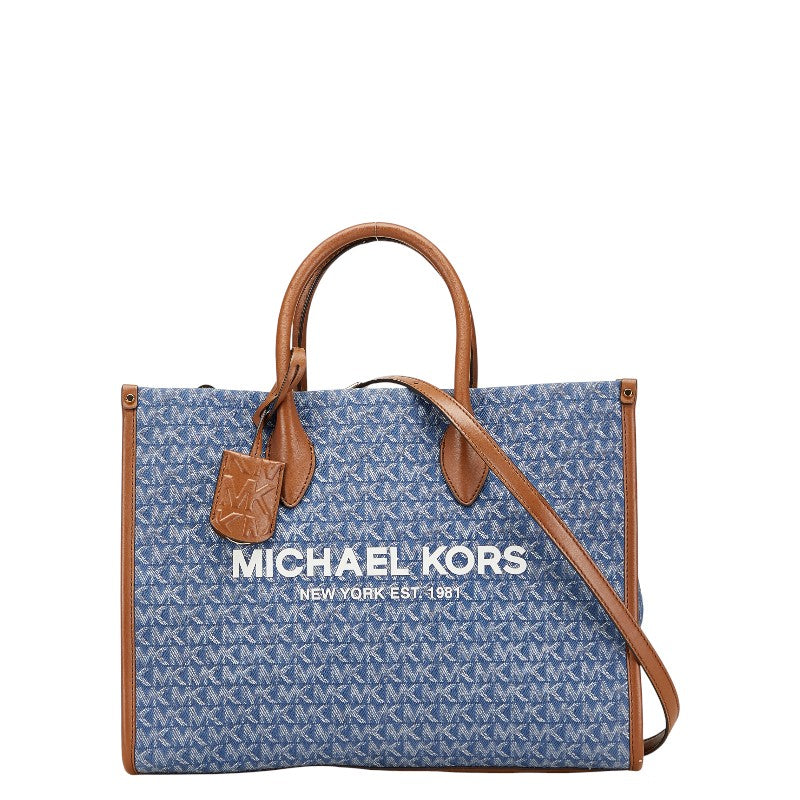 マイケルコース MKシグネチャー トートバッグ ショルダーバッグ 2WAY ブルー ブラウン キャンバス レザー レディース Michael Kors 【中古】