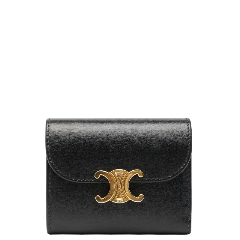 セリーヌ トリオンフ スモール フラップウォレット 三つ折り財布 ブラック レザー レディース CELINE 【中古】