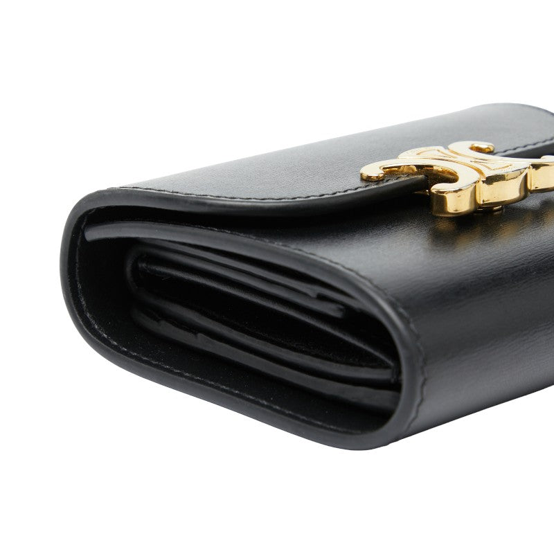 セリーヌ トリオンフ スモール フラップウォレット 三つ折り財布 ブラック レザー レディース CELINE 【中古】