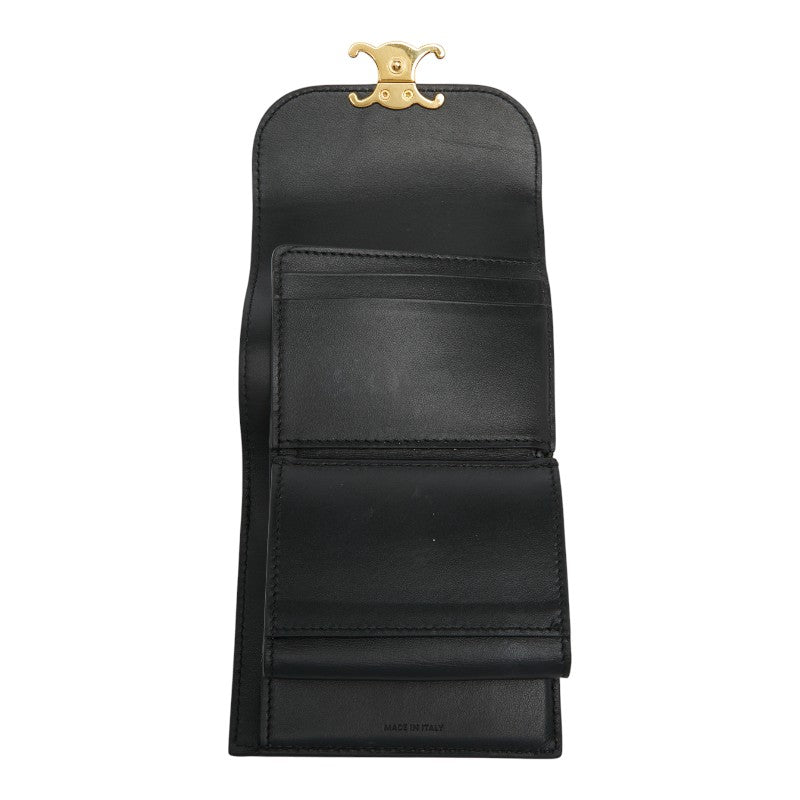 セリーヌ トリオンフ スモール フラップウォレット 三つ折り財布 ブラック レザー レディース CELINE 【中古】