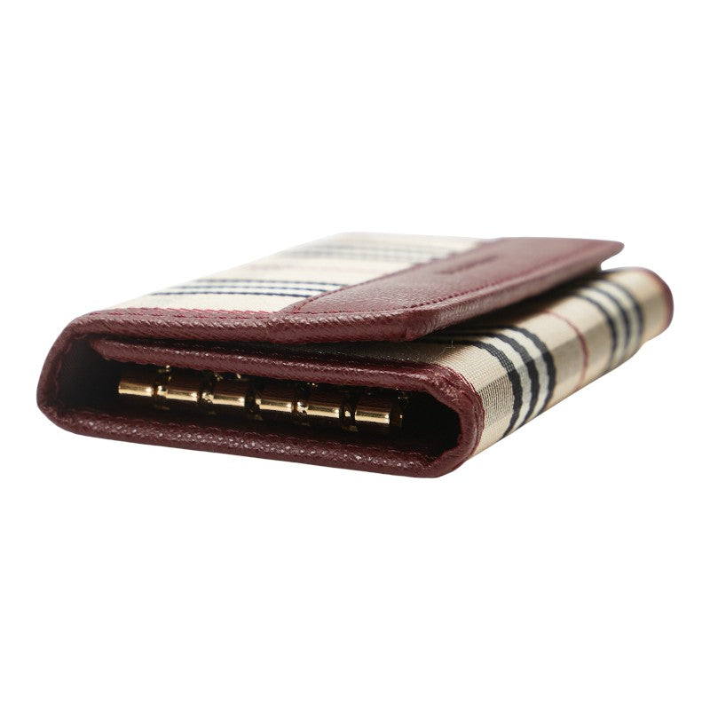 バーバリー ノバチェック 5連 キーケース ベージュ ワインレッド ナイロン レザー レディース BURBERRY 【中古】