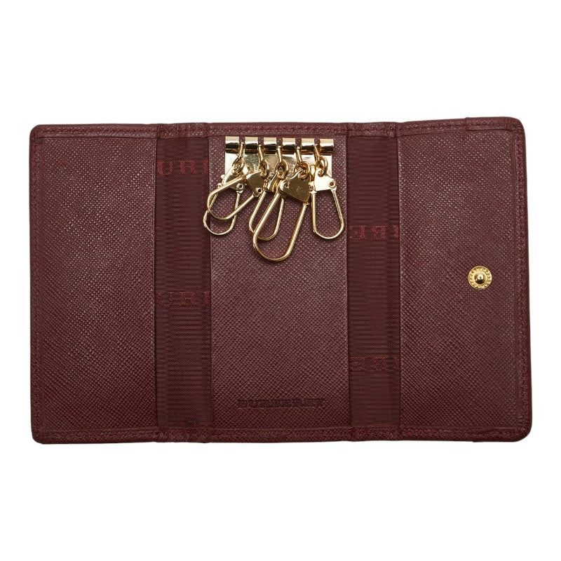 バーバリー ノバチェック 5連 キーケース ベージュ ワインレッド ナイロン レザー レディース BURBERRY 【中古】