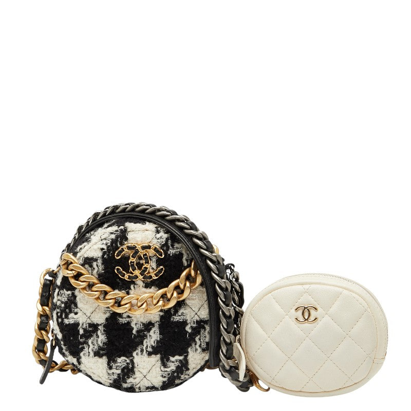 シャネル ココマーク チェーン ショルダーバッグ ブラック ホワイト ツイード レザー レディース CHANEL 【中古】