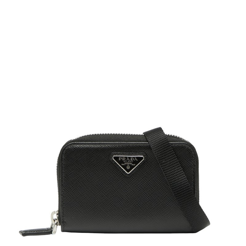 プラダ 三角ロゴプレート コインケース カードケース ショルダーウォレット ブラック サフィアーノ レザー レディース PRADA 【中古】