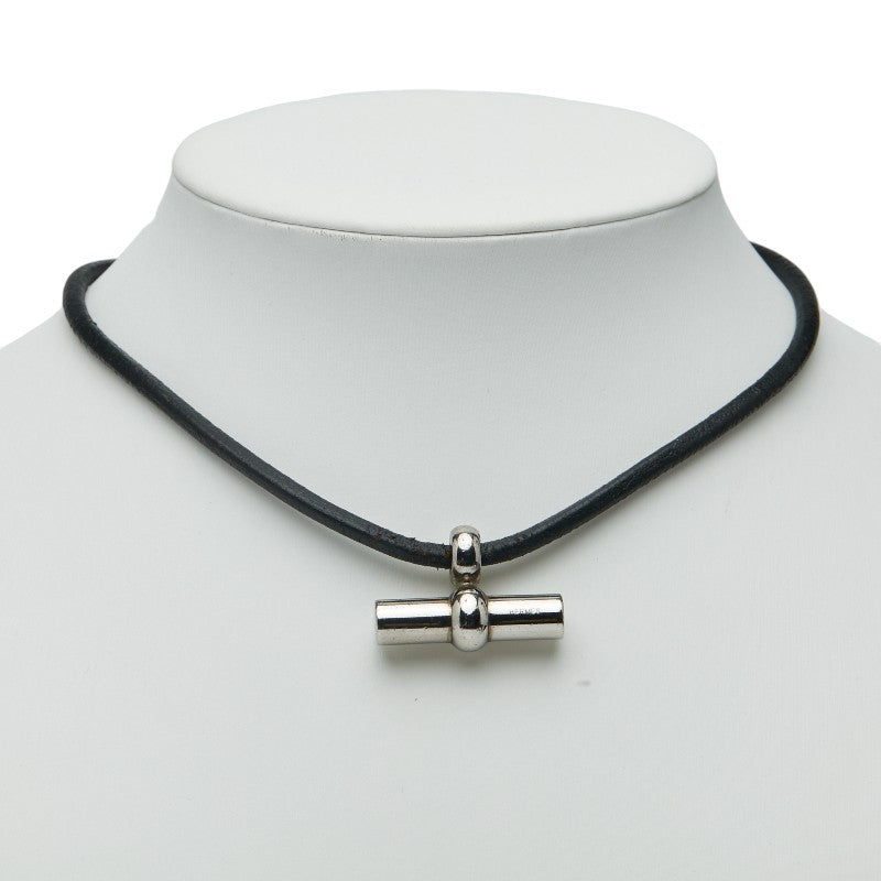 エルメス グレナン ネックレス チョーカー シルバー ブラック メタル レザー レディース HERMES 【中古】