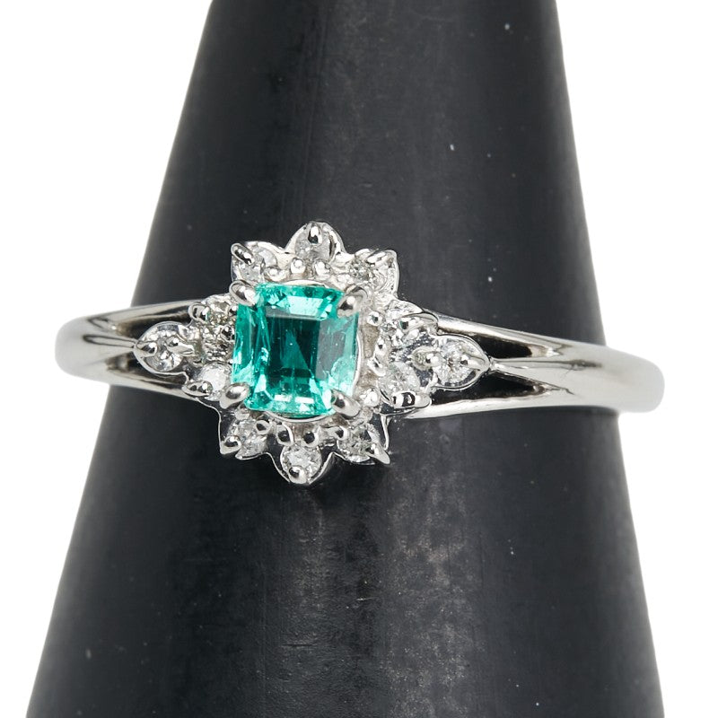 ノーブランド SV925 シルバー エメラルド0.22ct ダイヤ0.08ct 花 フラワー モチーフ リング 指輪 レディース no brand 9号 【中古】