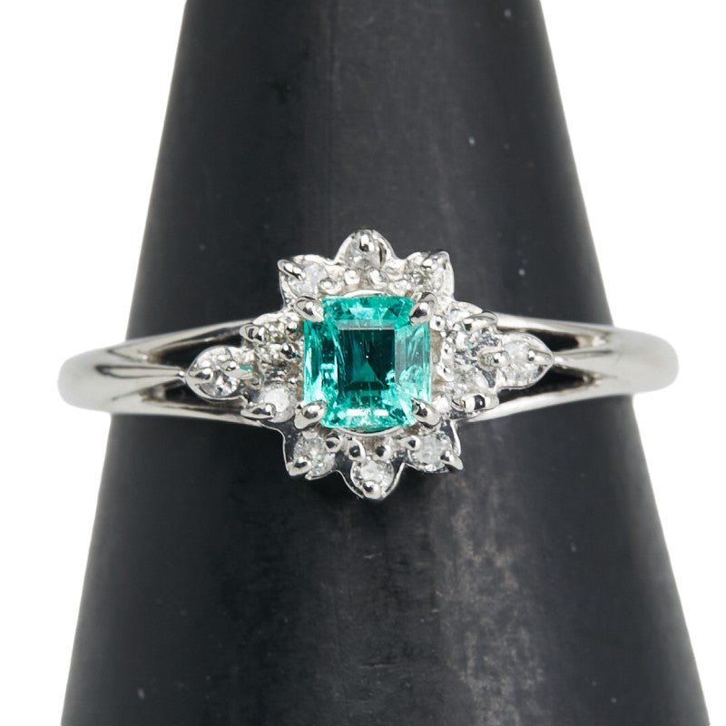 ノーブランド SV925 シルバー エメラルド0.22ct ダイヤ0.08ct 花 フラワー モチーフ リング 指輪 レディース no brand 9号 【中古】