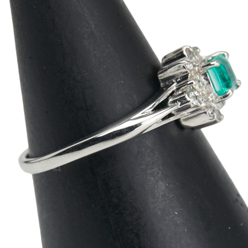 ノーブランド SV925 シルバー エメラルド0.22ct ダイヤ0.08ct 花 フラワー モチーフ リング 指輪 レディース no brand 9号 【中古】