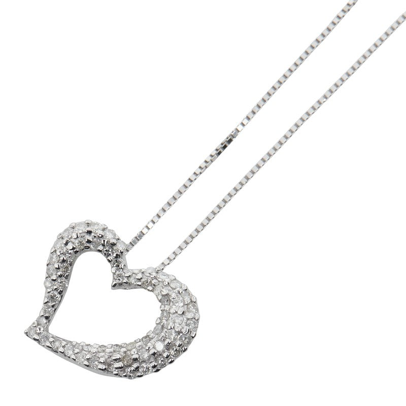 K14WG ホワイトゴールド ダイヤ0.50ct ハート モチーフ ベネチアンチェーン ネックレス レディース 【中古】