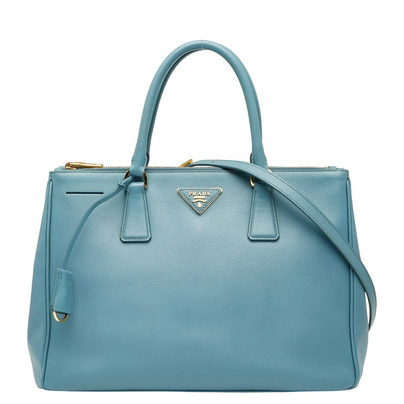 プラダ ガレリア ラージ 三角ロゴプレート ハンドバッグ ショルダーバッグ 2WAY ブルー サフィアーノ レザー レディース PRADA 【中古】