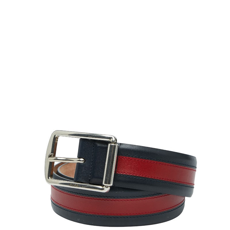 グッチ シェリーライン ベルト サイズ：90 36 295331 ネイビー レッド レザー メンズ GUCCI 【中古】