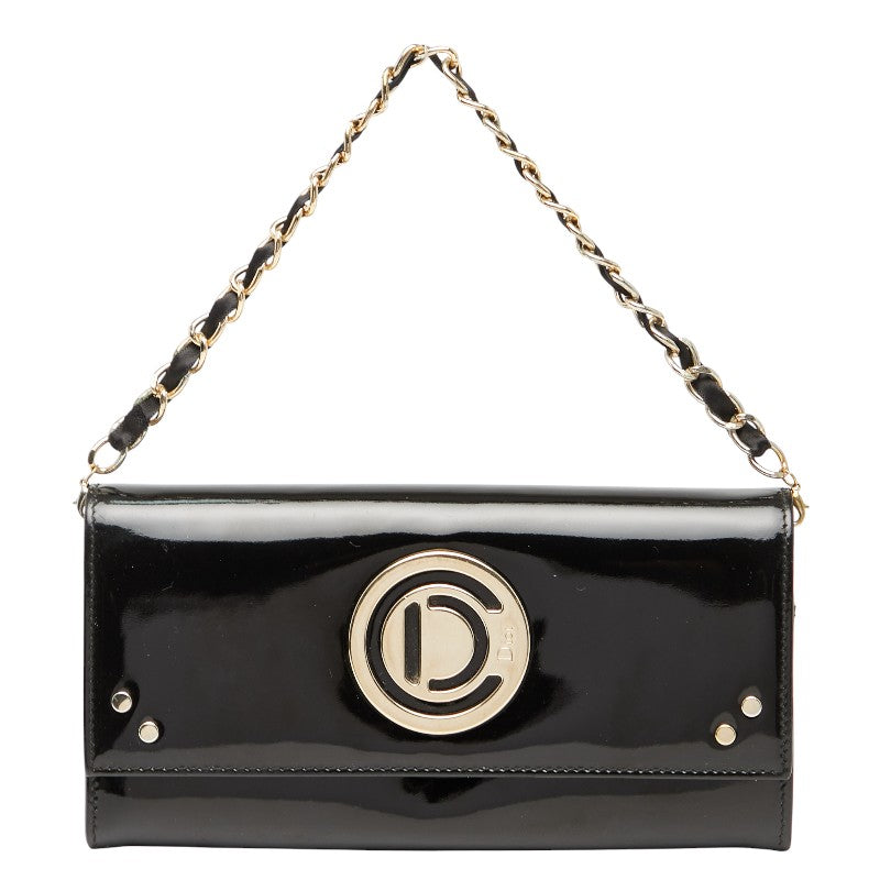 ディオール ロゴ チェーン ウォレット 長財布 ハンドバッグ ブラック ゴールド パテントレザー レディース Dior 中古