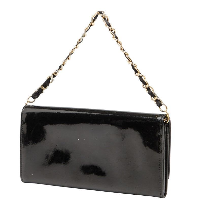 ディオール ロゴ チェーン ウォレット 長財布 ハンドバッグ ブラック ゴールド パテントレザー レディース Dior 【中古】