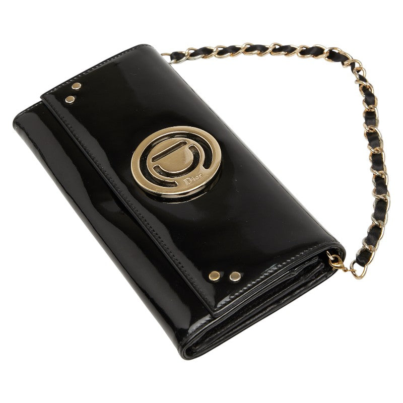 ディオール ロゴ チェーン ウォレット 長財布 ハンドバッグ ブラック ゴールド パテントレザー レディース Dior 【中古】