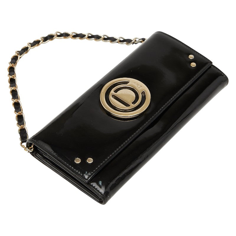 ディオール ロゴ チェーン ウォレット 長財布 ハンドバッグ ブラック ゴールド パテントレザー レディース Dior 【中古】
