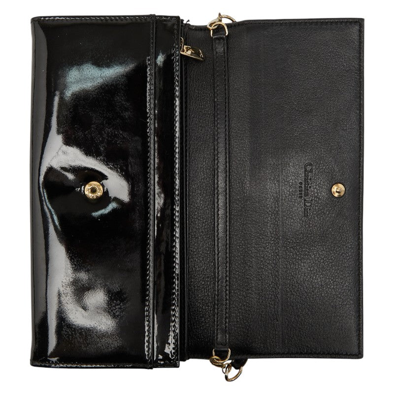 ディオール ロゴ チェーン ウォレット 長財布 ハンドバッグ ブラック ゴールド パテントレザー レディース Dior 【中古】