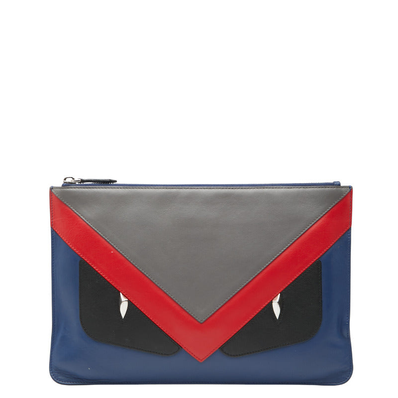 フェンディ バッグバグズ モンスター クラッチバッグ 7N0078 ブルー グレー レッド レザー レディース FENDI 【中古】