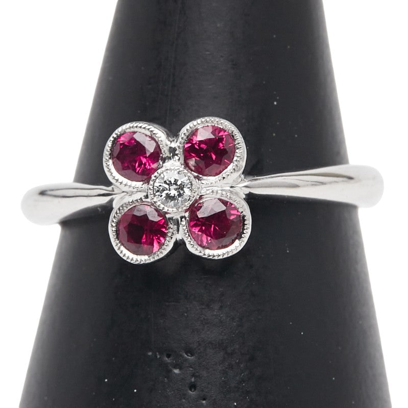 K18WG ホワイトゴールド ルビー0.42ct ダイヤ0.03ct 花 フラワー モチーフ リング 指輪 レディース 12号 【中古】