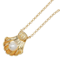 K18YG イエローゴールド アコヤパール約8mm ダイヤ0.13ct 貝 モチーフ ペンダントネックレス レディース 【中古】