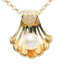 K18YG イエローゴールド アコヤパール約8mm ダイヤ0.13ct 貝 モチーフ ペンダントネックレス レディース 【中古】