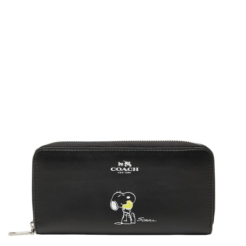 コーチ × スヌーピー 長財布 ラウンドファスナー F53773 ブラック レザー レディース COACH 【中古】