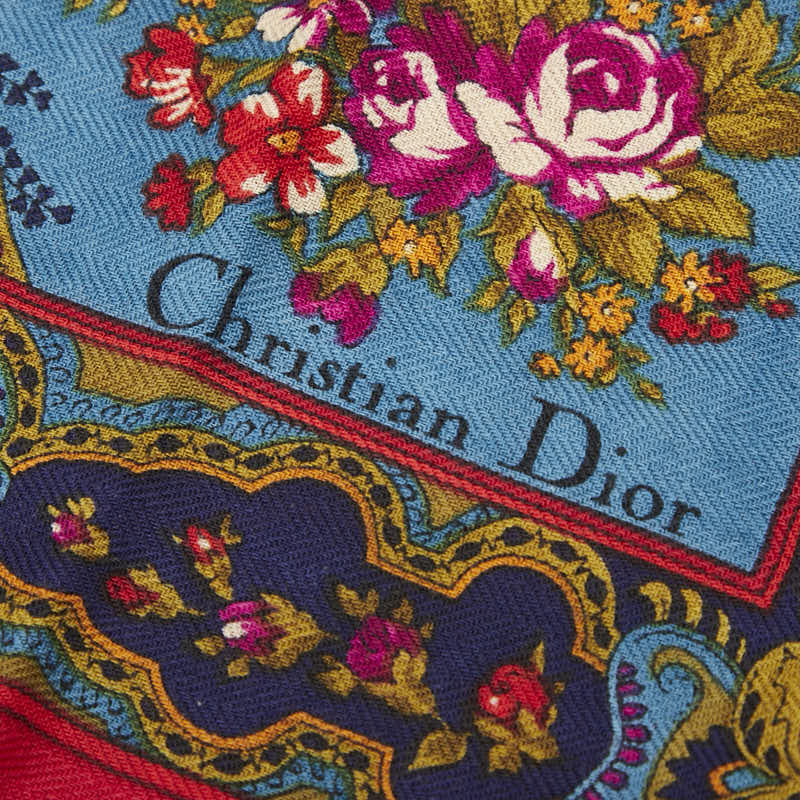 ディオール 花 フラワー ペイズリー モチーフ 大判スカーフ ストール ブルー レッド マルチカラー ウール レディース Dior 【中古】