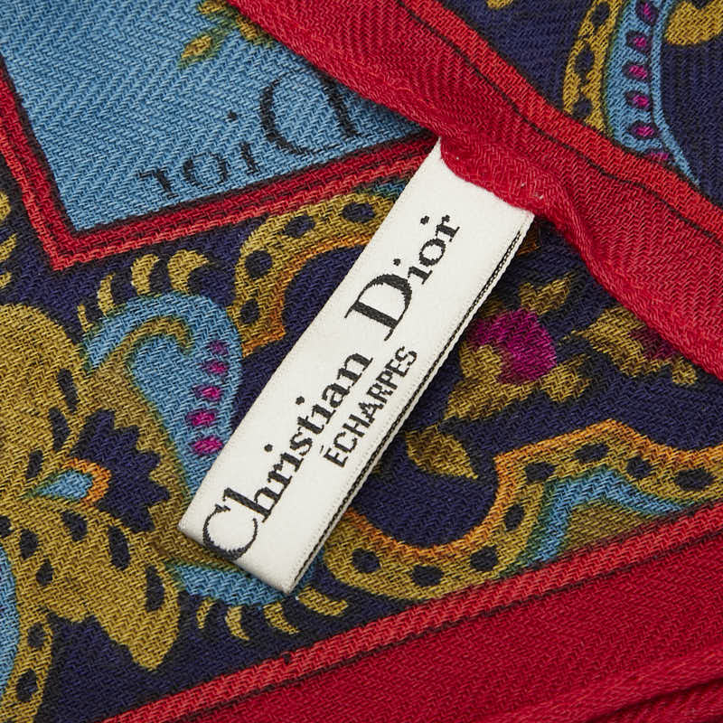 ディオール 花 フラワー ペイズリー モチーフ 大判スカーフ ストール ブルー レッド マルチカラー ウール レディース Dior 【中古】