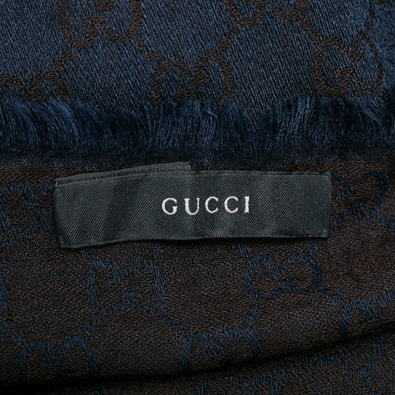 グッチ GG柄 ストール ブラウン ネイビー ウール シルク レディース GUCCI 【中古】