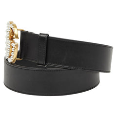 グッチ ダブルG ベルト 80.32 453260 ブラック ゴールド レザー フェイクパール メンズ GUCCI 【中古】