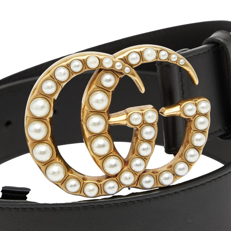 グッチ ダブルG ベルト 80.32 453260 ブラック ゴールド レザー フェイクパール メンズ GUCCI 【中古】
