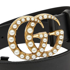 グッチ ダブルG ベルト 80.32 453260 ブラック ゴールド レザー フェイクパール メンズ GUCCI 【中古】