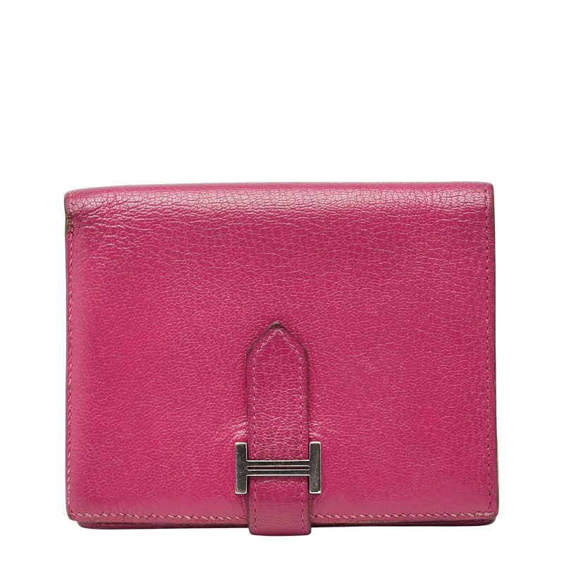 エルメス ベアン コンパクト 二つ折り財布 ピンク系 シルバー金具 シェーブル レディース HERMES 【中古】