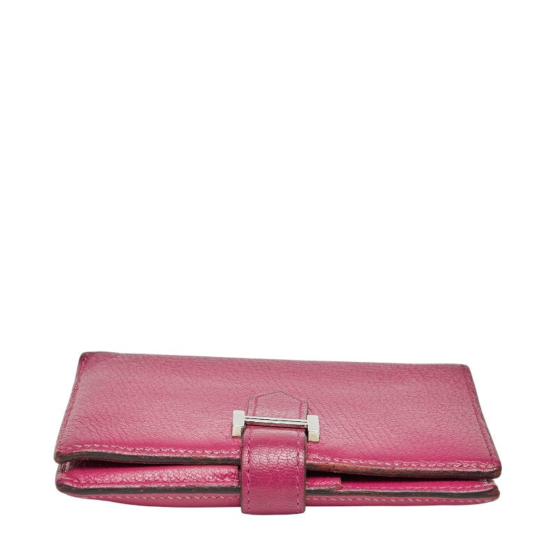 エルメス ベアン コンパクト 二つ折り財布 ピンク系 シルバー金具 シェーブル レディース HERMES 【中古】