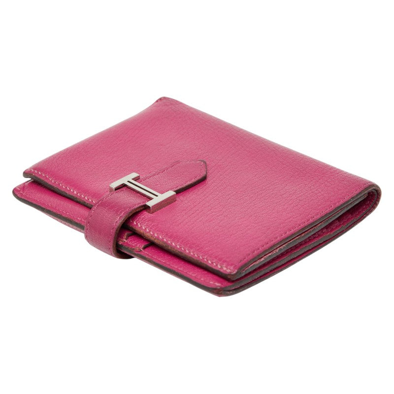 エルメス ベアン コンパクト 二つ折り財布 ピンク系 シルバー金具 シェーブル レディース HERMES 【中古】