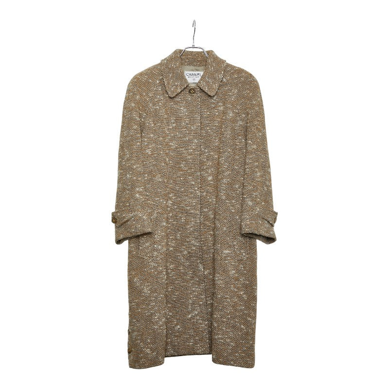 シャネル ココマークボタン ステンカラーコート ツイード ブラウン グレー ウール ナイロン レディース CHANEL 【中古】