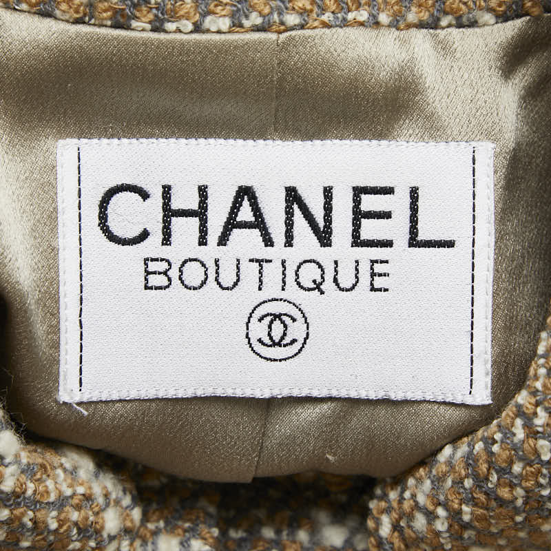 シャネル ココマークボタン ステンカラーコート ツイード ブラウン グレー ウール ナイロン レディース CHANEL 【中古】