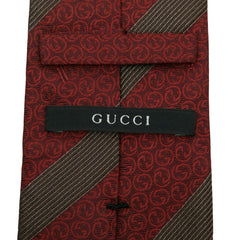 グッチ インターロッキング ストライプ ネクタイ レッド ブラウン シルク メンズ GUCCI 【中古】