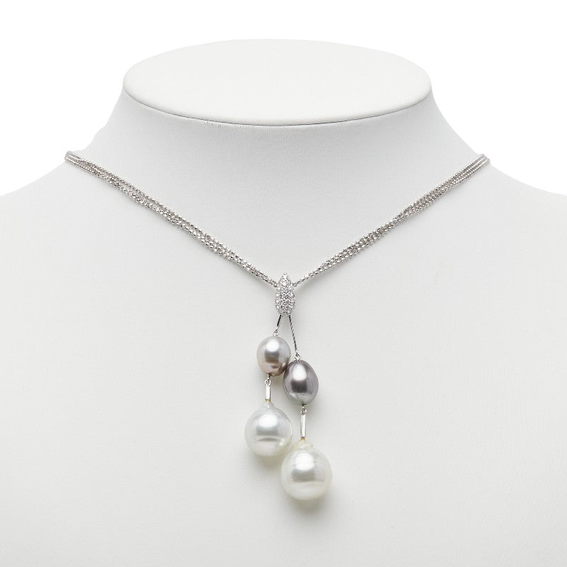 K18WG ホワイトゴールド ダイヤ0.35ct 白蝶真珠14～15mm 黒蝶真珠10～10.5mm ペンダントネックレス レディース 【中古】
