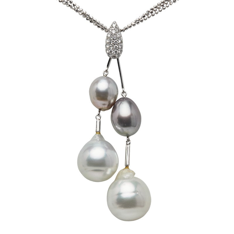 K18WG ホワイトゴールド ダイヤ0.35ct 白蝶真珠14～15mm 黒蝶真珠10～10.5mm ペンダントネックレス レディース 【中古】