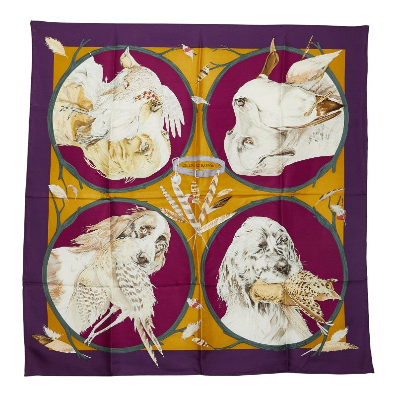 エルメス カレ90 CHIENS AU RAPPORT 猟犬 スカーフ パープル マルチカラー レディース HERMES 【中古】