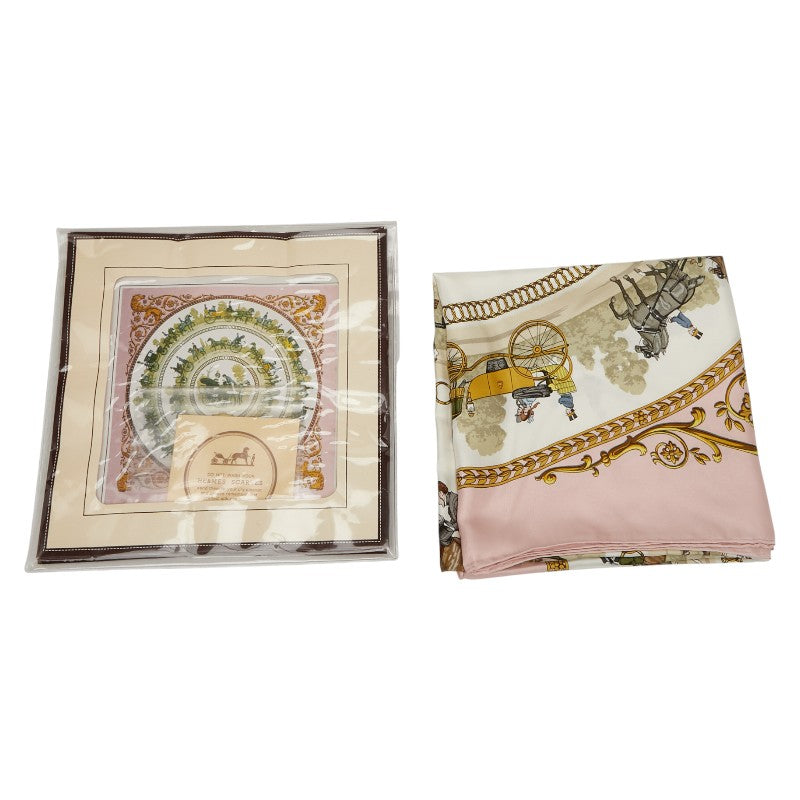 エルメス カレ90 LA PROMENADE DE LONGCHAMPS ロンシャンへの散歩 スカーフ ライトピンク マルチカラー レディース HERMES 【中古】