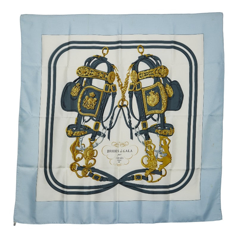 エルメス カレ90 BRIDES de GALA 式典用の馬勒 スカーフ ライトブルー マルチカラー シルク レディース HERMES 【中古】