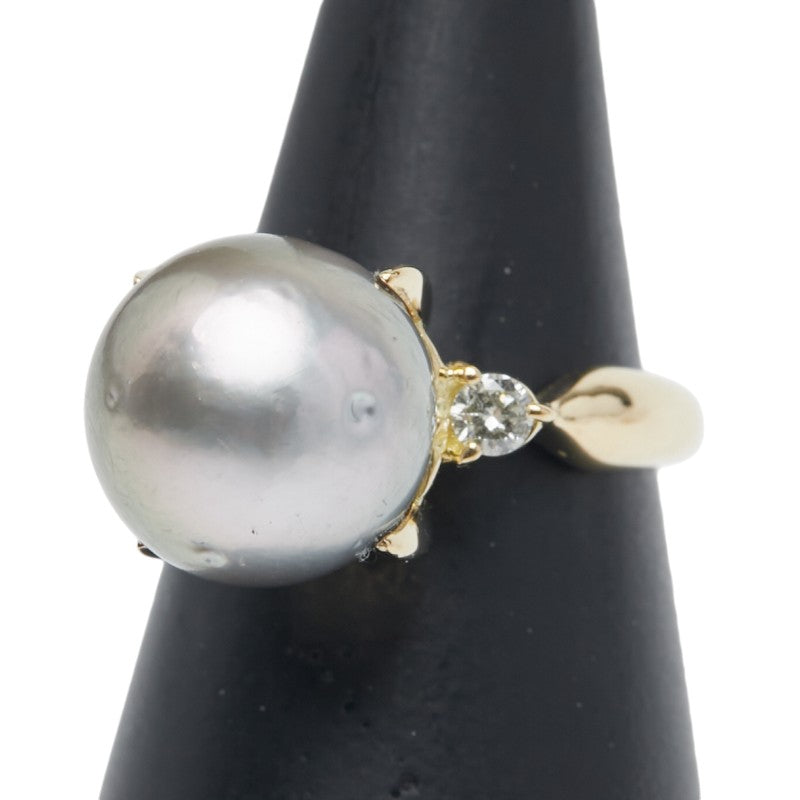 K18YG イエローゴールド 黒蝶真珠12mm ダイヤ0.17ct リング 指輪 レディース 11.5号 【中古】